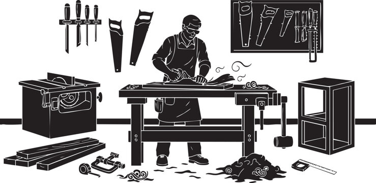A skilled carpenter working with wood at his workshop workbench surrounded by professional tools isolated on transparent background, Vector
