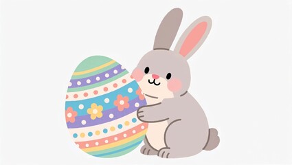 Fototapeta premium Cute easter bunny holding egg, flat 2D illustration, pastel cartoon style, spring holiday