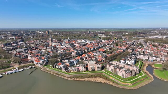 Historic fortified city Gorinchem with riverside waterfront in the Netherlands