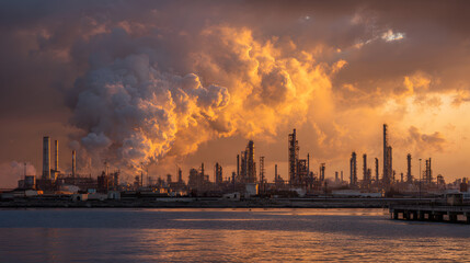Naklejka premium An industrial oil refinery with smokestacks and a body of water at sunset with clouds