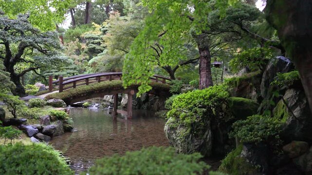 Wooden arched bridge over tranquil pond framed by lush foliage in a traditional Japanese garden in Kyoto Japan