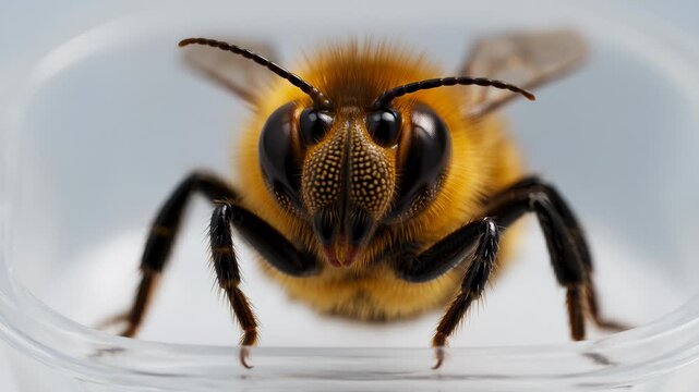 Macro Close-Up of a Fuzzy Bee's Face and Compound Eyes Looking Directly at the Camera