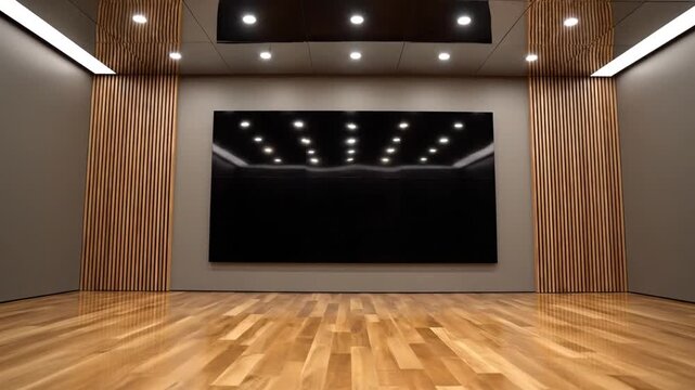 Interior of a modern empty room featuring a large black blank screen on a grey wall, glossy wood parquet flooring with reflections, wood slat wall panels, and a reflective ceiling.