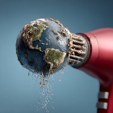 A red hairdryer nozzle pointing towards a crumbling world