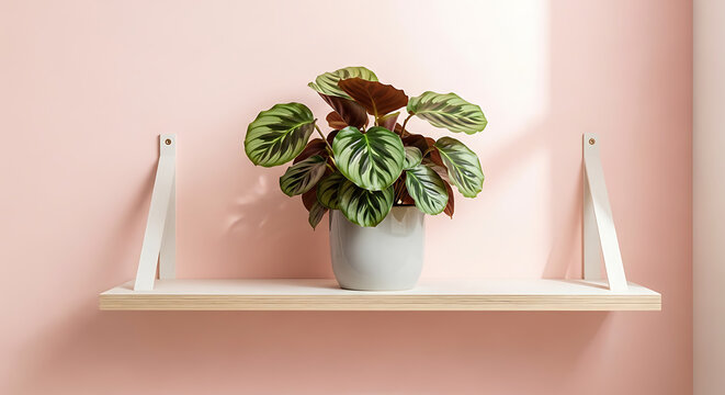 A lush green calathea plant in a grey ceramic pot sitting on a minimal wooden shelf in a room