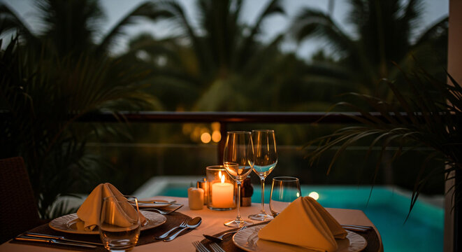 Tropical hotel swimming pool at night by the beach with palm trees and ocean view in a relaxing summer paradise resort