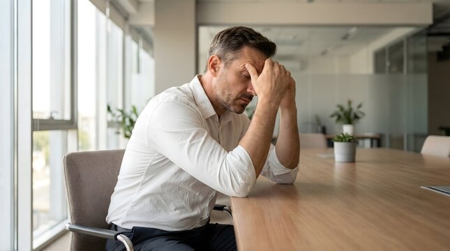 Exhausted Mature Businessman Experiencing Decision Fatigue at Conference Table