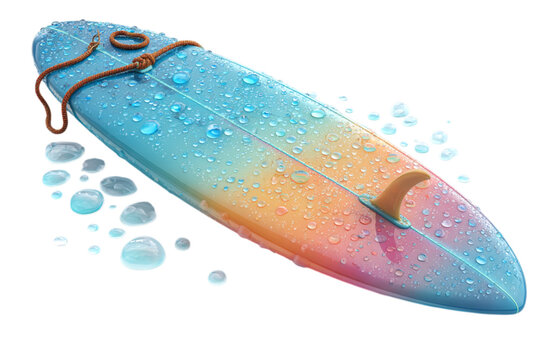 A colorful surfboard with wax texture and a leash attached, realistic water droplets, isolated on white background --ar 3:2