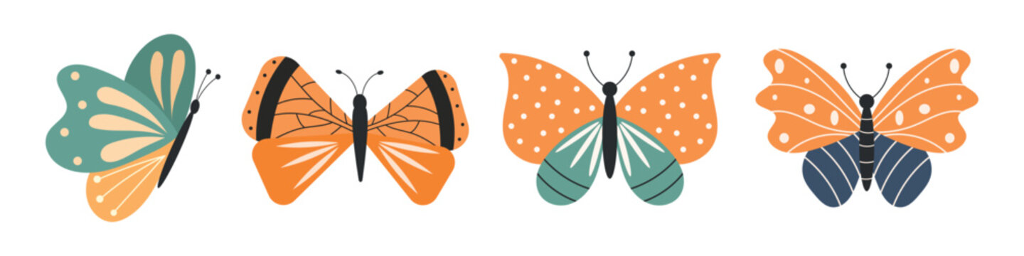 Decorative butterflies set in orange, and navy tones. Stylish vector insect collection isolated on white background, perfect for stickers, packaging, nursery decor and textile prints.