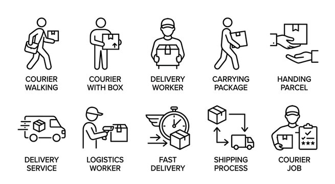 A collection of clean, modern line icons illustrating various aspects of courier and delivery services, including walking, carrying boxes, trucks, and logistics processes.