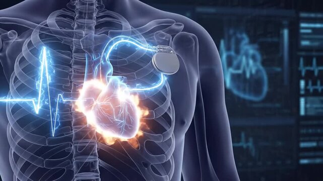 medical video of a pacemaker implanted in the chest, with leads connected to the heart, showing electrical impulses, transparent rib cage, glowing heart, dark background, life-saving technology
