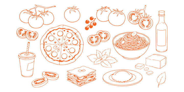A collection of hand drawn italian food illustrations featuring pizza pasta and fresh vegetables