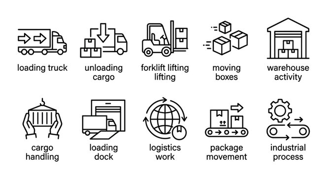 A collection of black and white line icons depicting various logistics and shipping processes including trucks, forklifts, boxes, warehouses, and conveyor belts.