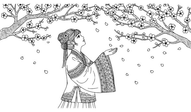Chinese Girl in Hanfu Under Plum Blossom Tree Coloring Page Vector Illustration