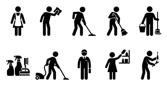 A collection of black and white pictogram icons representing various cleaning and maintenance tasks, services, and professionals.