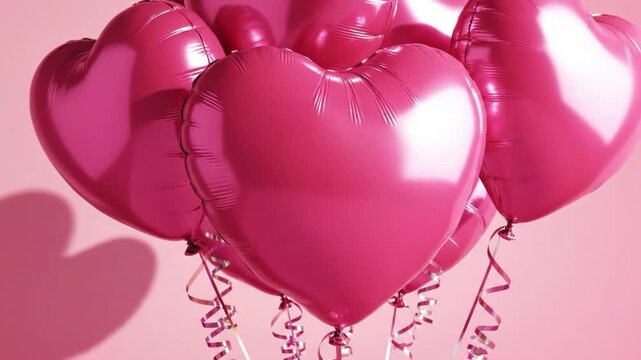 Cluster of shiny pink heartshaped foil balloons with ribbons