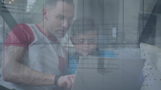 Animation of data processing over caucasian father and son using laptop