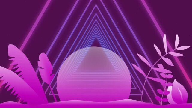Video of neon triangles over pink leaves and circle