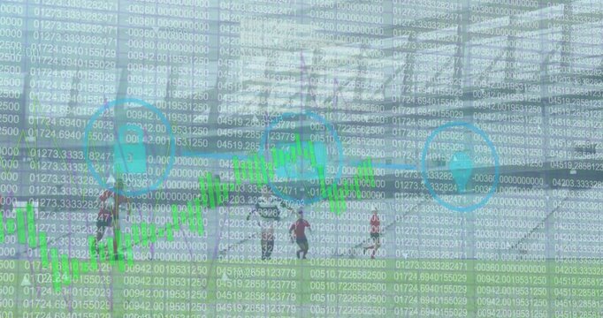 Animation of data processing and icons over diverse rugby players at stadium