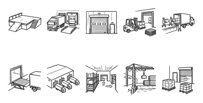 A collection of hand-drawn sketch icons illustrating various warehouse logistics and transportation scenes, including loading docks, trucks, forklifts, and cranes for conceptual use.