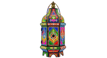 Fototapeta premium Tradycyjna latarnia ramadanowa z kolorowym witrażem, ozdobny arabski fanous ze skomplikowanymi wzorami kwiatowymi, żywa dekoracyjna lampa bliskowschodnia w izolacji PNG z przezroczystym tłem