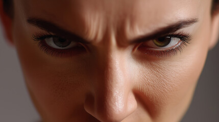 Fototapeta premium Angry woman shouting with intense facial expression and strong emotion in close-up portrait.