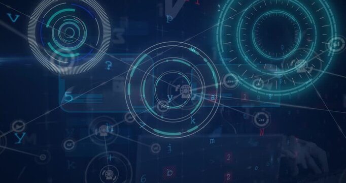 Animation of digital circles and profile icons interconnecting with lines and text