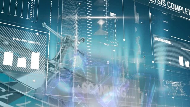 Animation of infographic interface with data and roulette wheel against abstract background