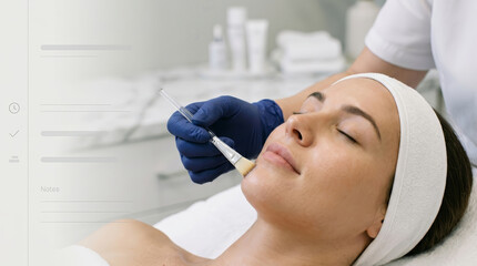 Fototapeta premium Beautiful relaxed woman receiving professional facial skincare treatment with application brush from dermatologist wearing blue glove at clinic enjoying peaceful spa day