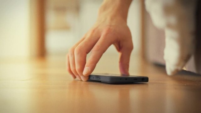 Man's hand reaches over bed's edge, feeling around on the floor for his phone to silence the ringing alarm. Morning light catches his outstretched arm, highlighting common morning struggle to wake up