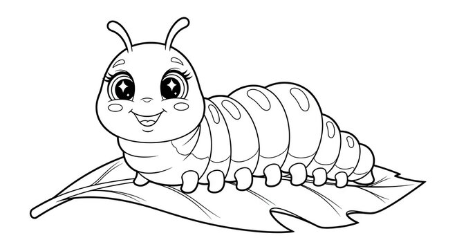 Cartoon caterpillar on a leaf illustration for coloring pages and design