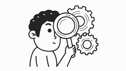 Obraz premium Man examining gears with magnifying glass minimalist line art illustration for business concepts