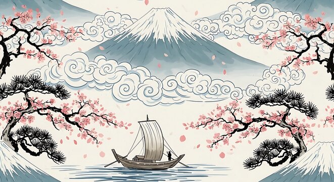 A traditional Japanese wooden sailing boat (wasen) navigating calm waters.