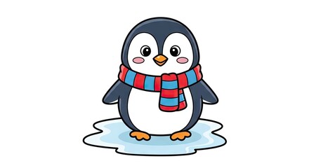 Fototapeta premium Cartoon penguin on ice floe smiling with red and blue scarf illustration
