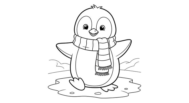 Cartoon penguin illustration with scarf isolated on white background