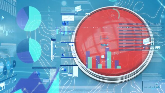Animation of data processing and red button over blue background