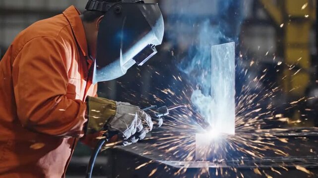 Industrial Welder Performing Arc Welding on Steel Plate With Sparks