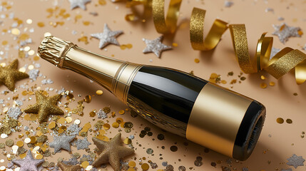 Naklejka premium Luxury champagne bottle surrounded by golden confetti and festive decorations symbolizing celebration and success.