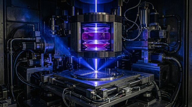 Detailed visualization inside a Deep Ultraviolet lithography machine shows precision optical lenses focusing a brilliant laser light beam.