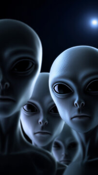 Group of alien figures with large eyes in dark environment representing extraterrestrial and sci-fi concept.