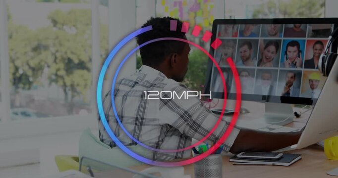 Animation of numbers with mph text in circles over african american man video conferencing