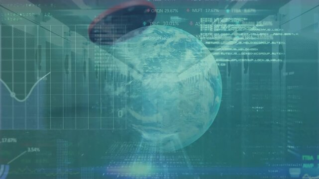 Animation of data processing and globe over chip and server room