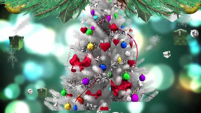 Animation of snow falling over christmas tree and decoration