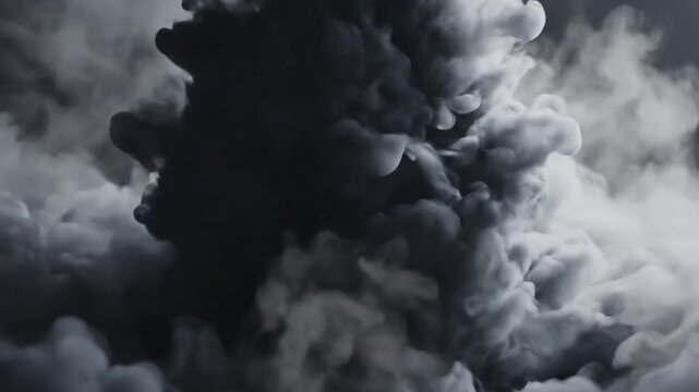 Mysterious dark smoke cloud explosion in an abstract, atmospheric, and intense dark environment creating a dramatic visual effect