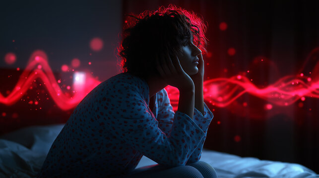 Stressed person holding head with digital red data pattern overlay symbolizing mental overload and technology anxiety.