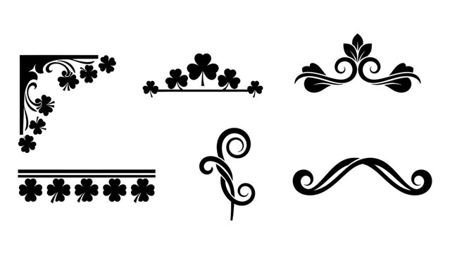 St Patricks Day decorative shamrock and clover silhouettes set with floral borders and dividers for Irish holiday design