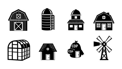Set of black farm building icons including barn silo windmill and greenhouse for agricultural design © Zyariss