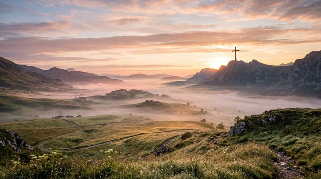 Golden Sunrise Over Mountain Valley With Silhouette Of Christian Cross On Peak Symbolizing Resurrection Hope And Peace