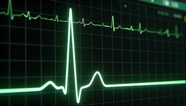 Displaying green ECG waveform on cardiac monitor at bedside, with gridlines and faint trace