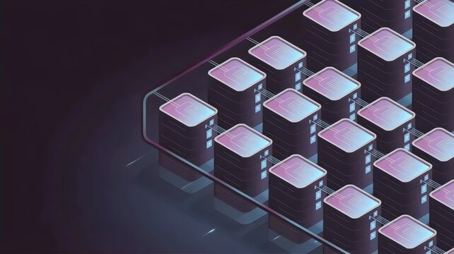 Isometric digital storage grid with glowing containers &ndash; Great for metadata organization, tech infrastructure, or data centers.